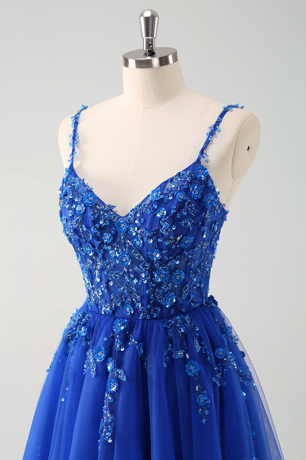 Sparkly A-Line Royal Blue Spaghetti Straps Corset Long Prom Dress