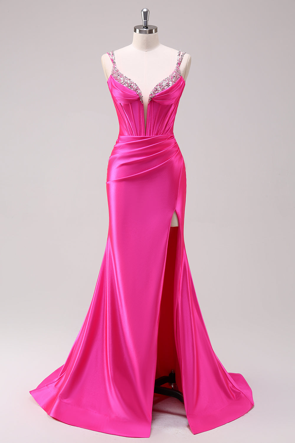 Mermaid Corset Sequined Long Fuchsia Prom Dress with Slit