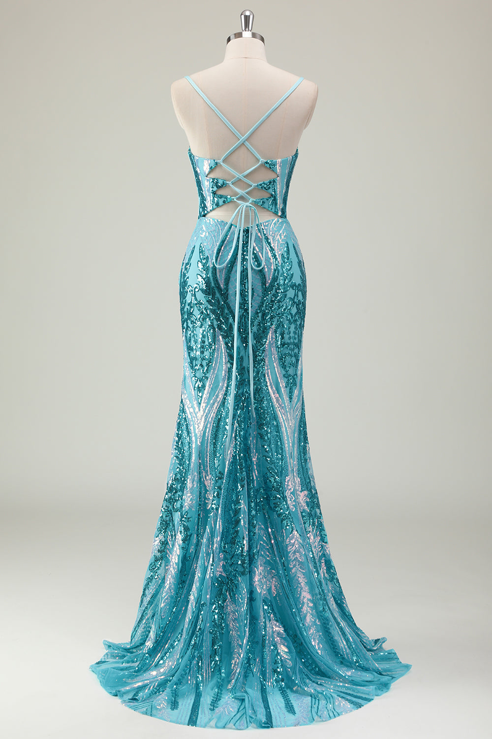 Sparkly Blue Mermaid Spaghetti Straps Long Prom Dress with Sequins