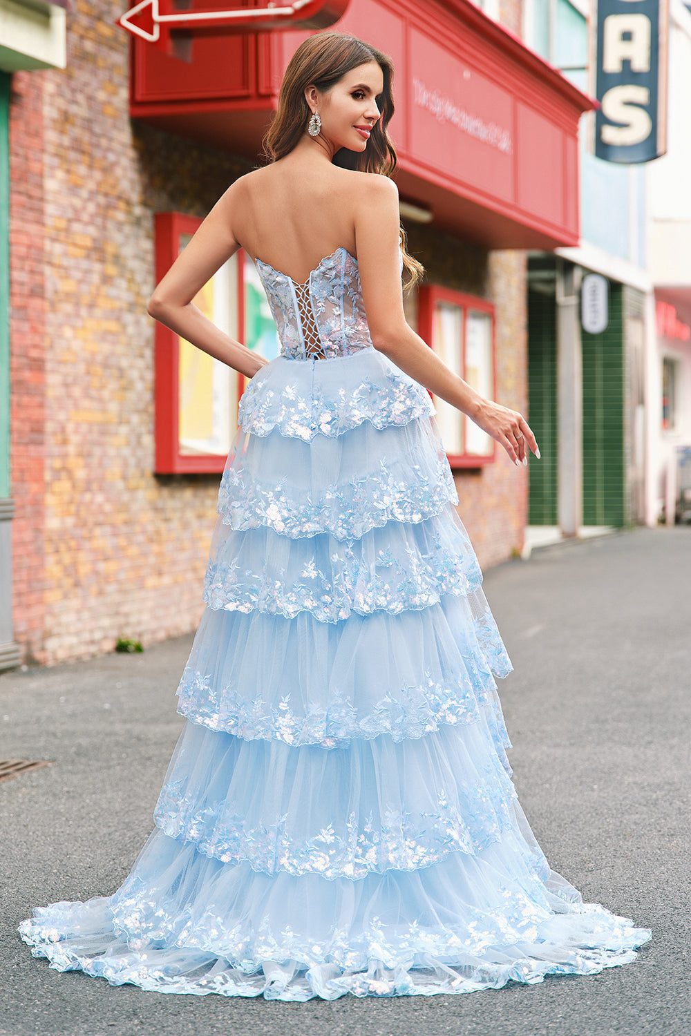 Glitter Blue A Line Strapless Sequin Corset Tiered Long Prom Dress