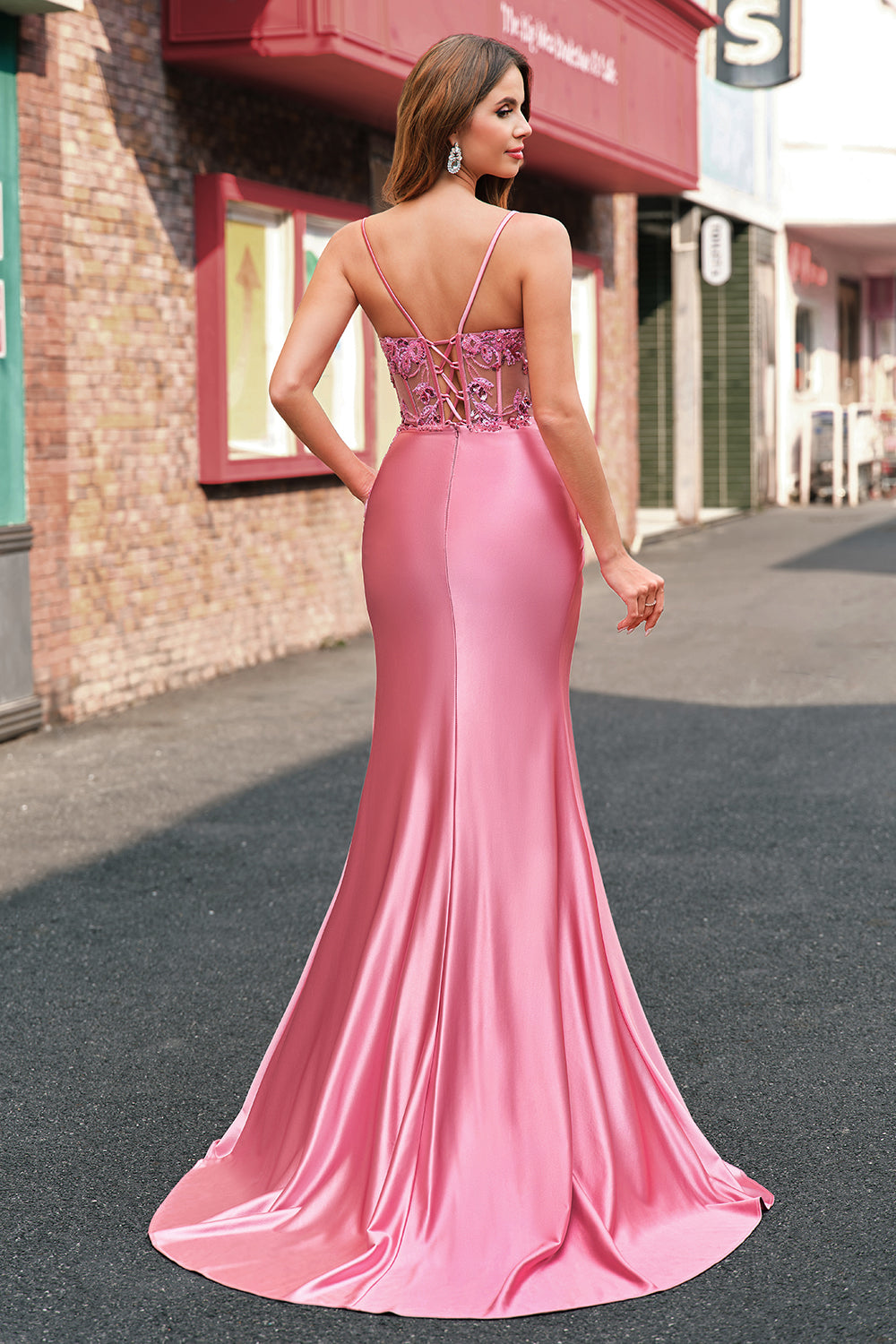 Mermaid Satin Sequined Corset Coral Long Prom Dress with Slit