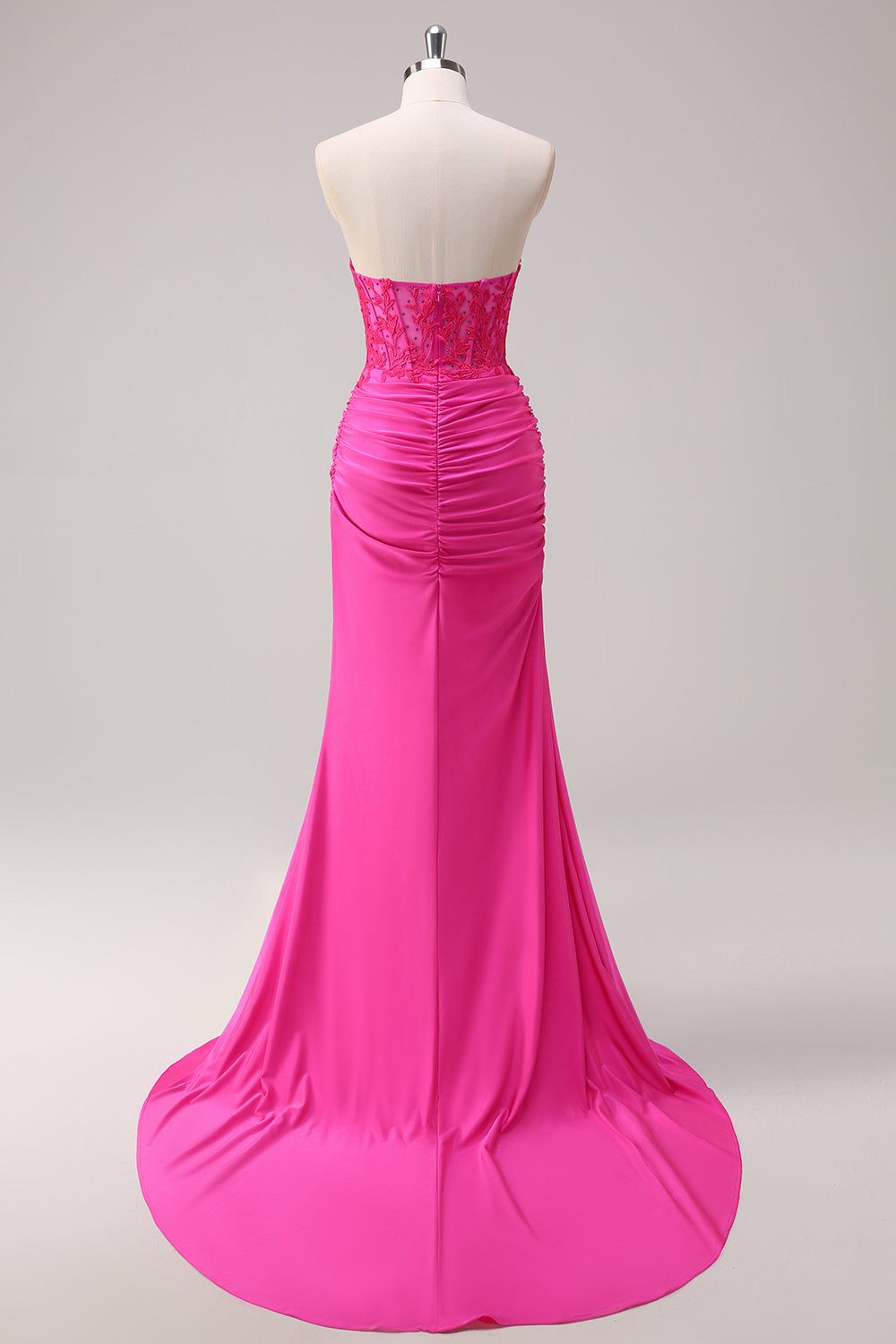 Mermaid Applique Strapless Corset Long Fuchsia Prom Dress with Slit