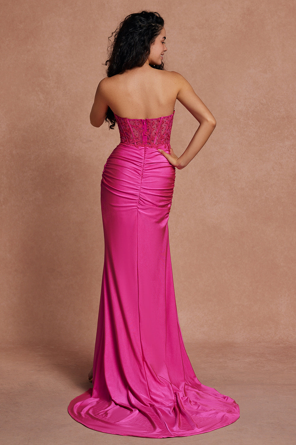 Fuchsia Beaded Mermaid Strapless Corset Long Prom Dress with Slit