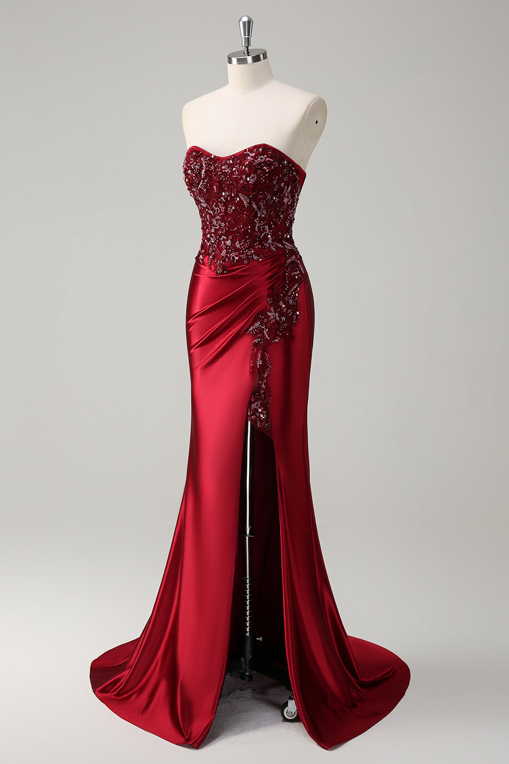 Mermaid Burgundy Strapless Sequin Long Prom Dress with Beading