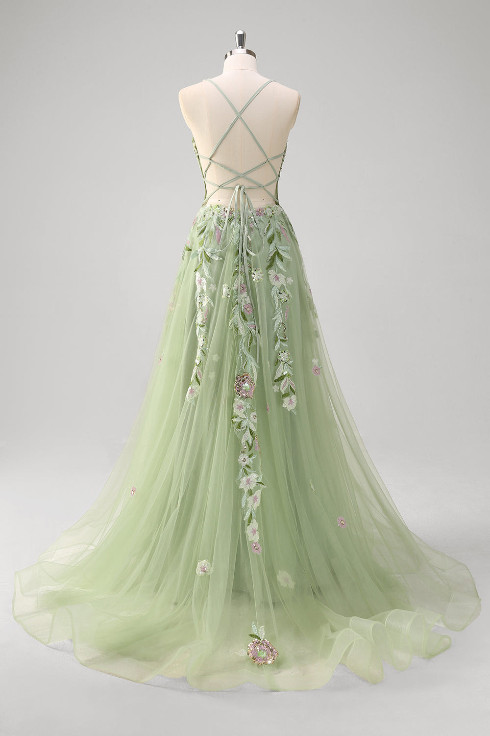 Green A line Spaghetti Straps Appliqued Corset Long Prom Dress With Tulle