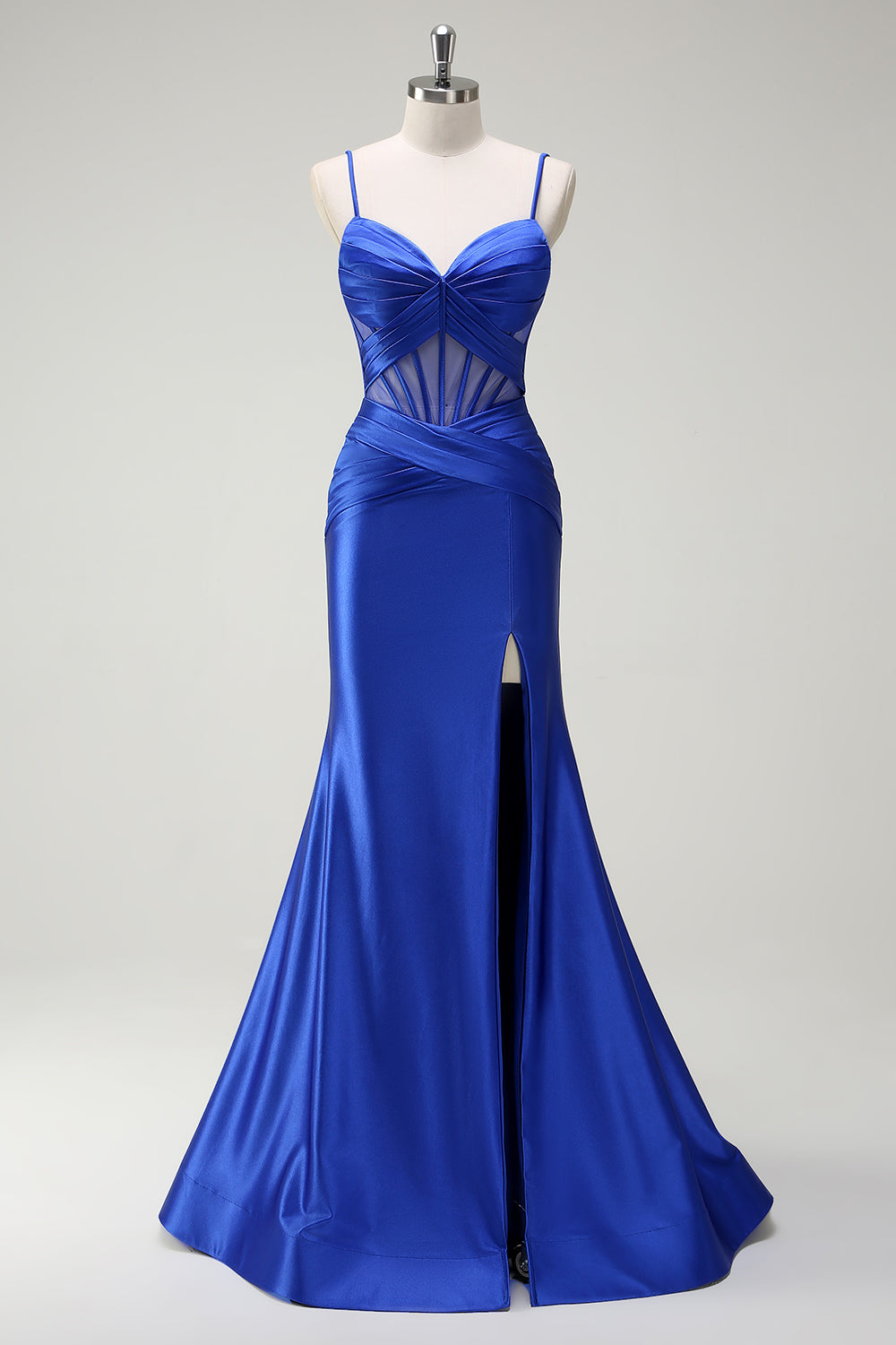 Royal Blue Mermaid Spaghetti Straps Satin Corset Long Prom Dress with Slit