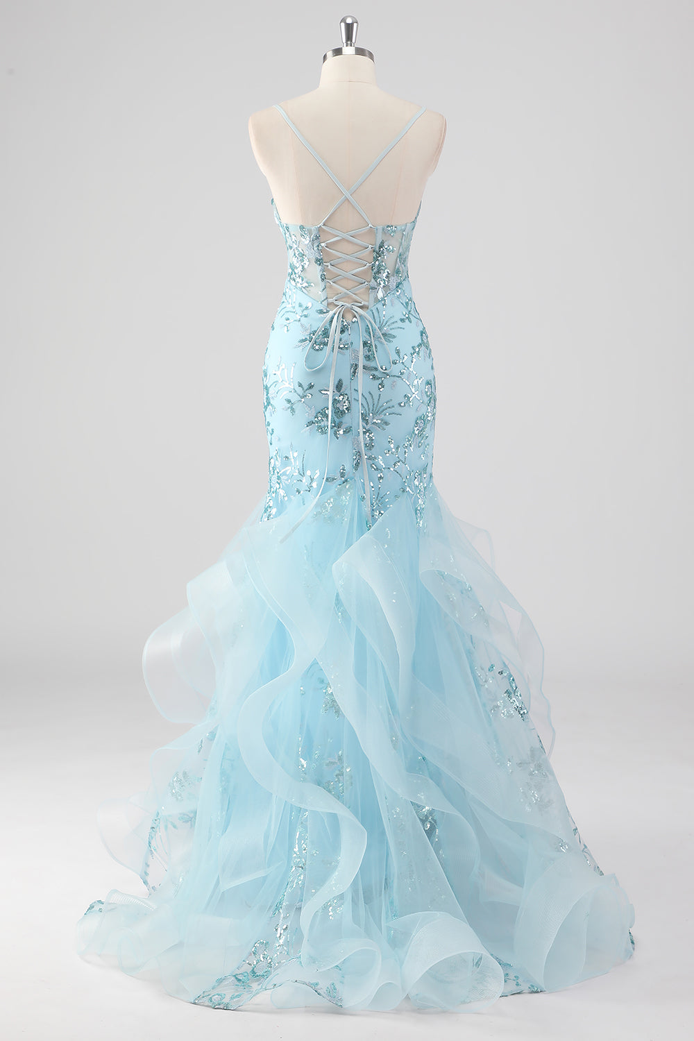 Sky Blue Mermaid Spaghetti Straps Sequin Corset Long Prom Dress with Ruffles