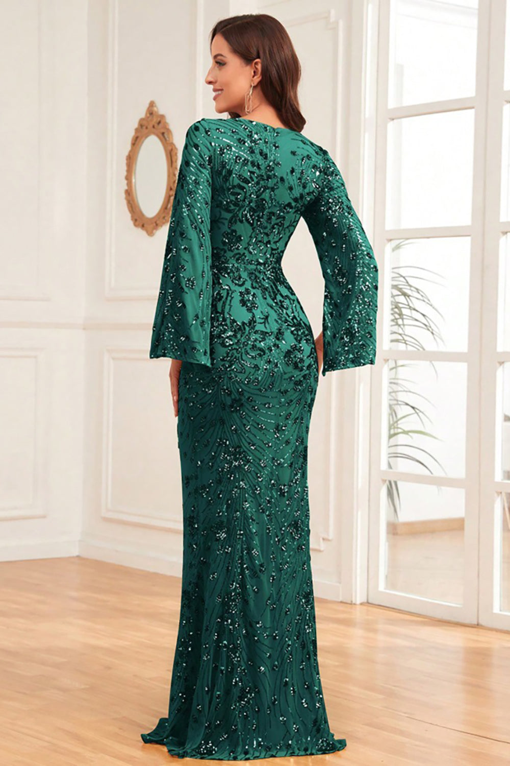 Glitter Champagne Mermaid V Neck Long Prom Dress