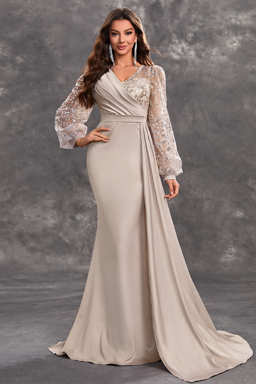 Navy V Neck Mermaid Long Sleeves Prom Dress