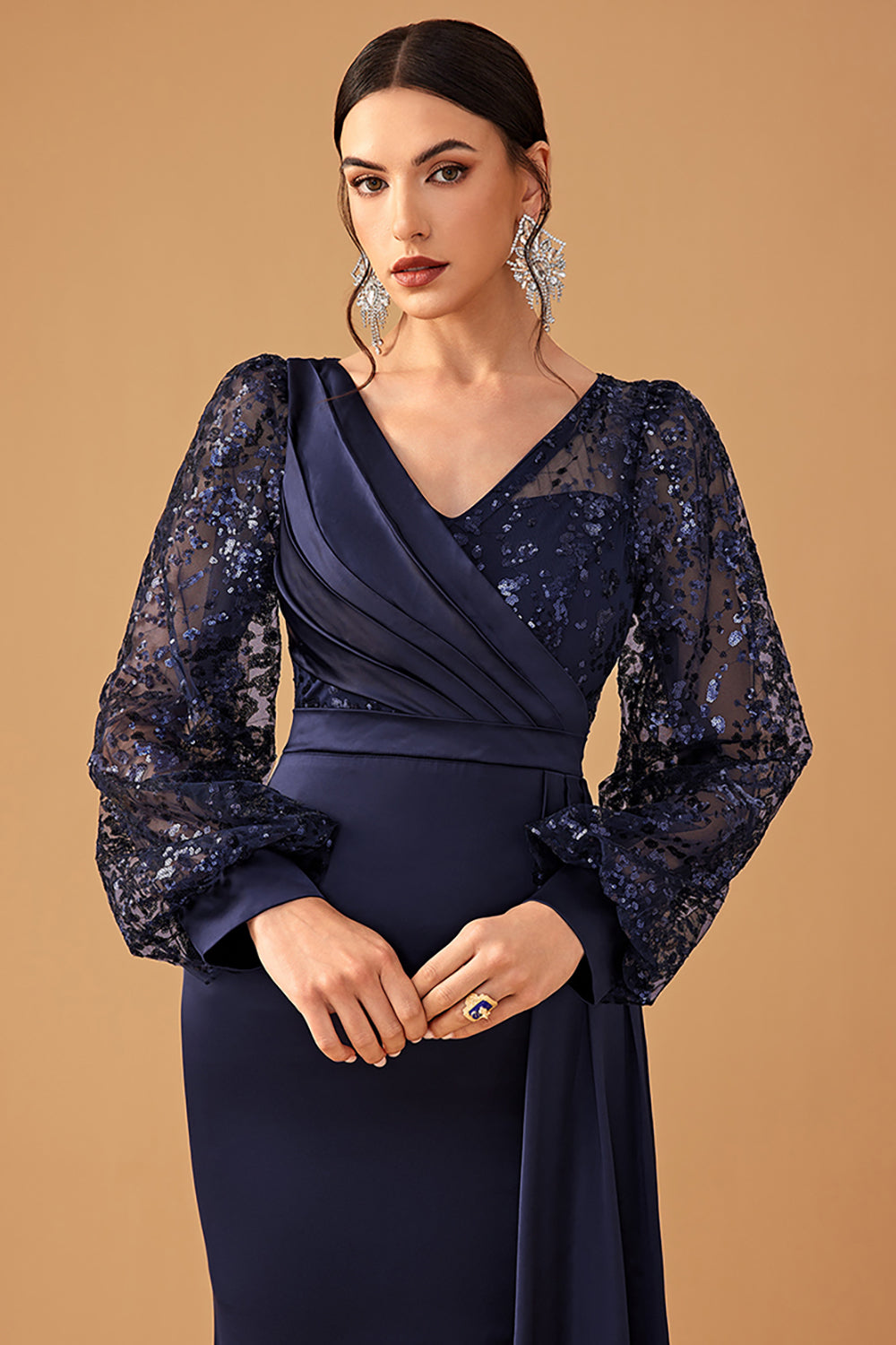 Navy V Neck Mermaid Long Sleeves Prom Dress