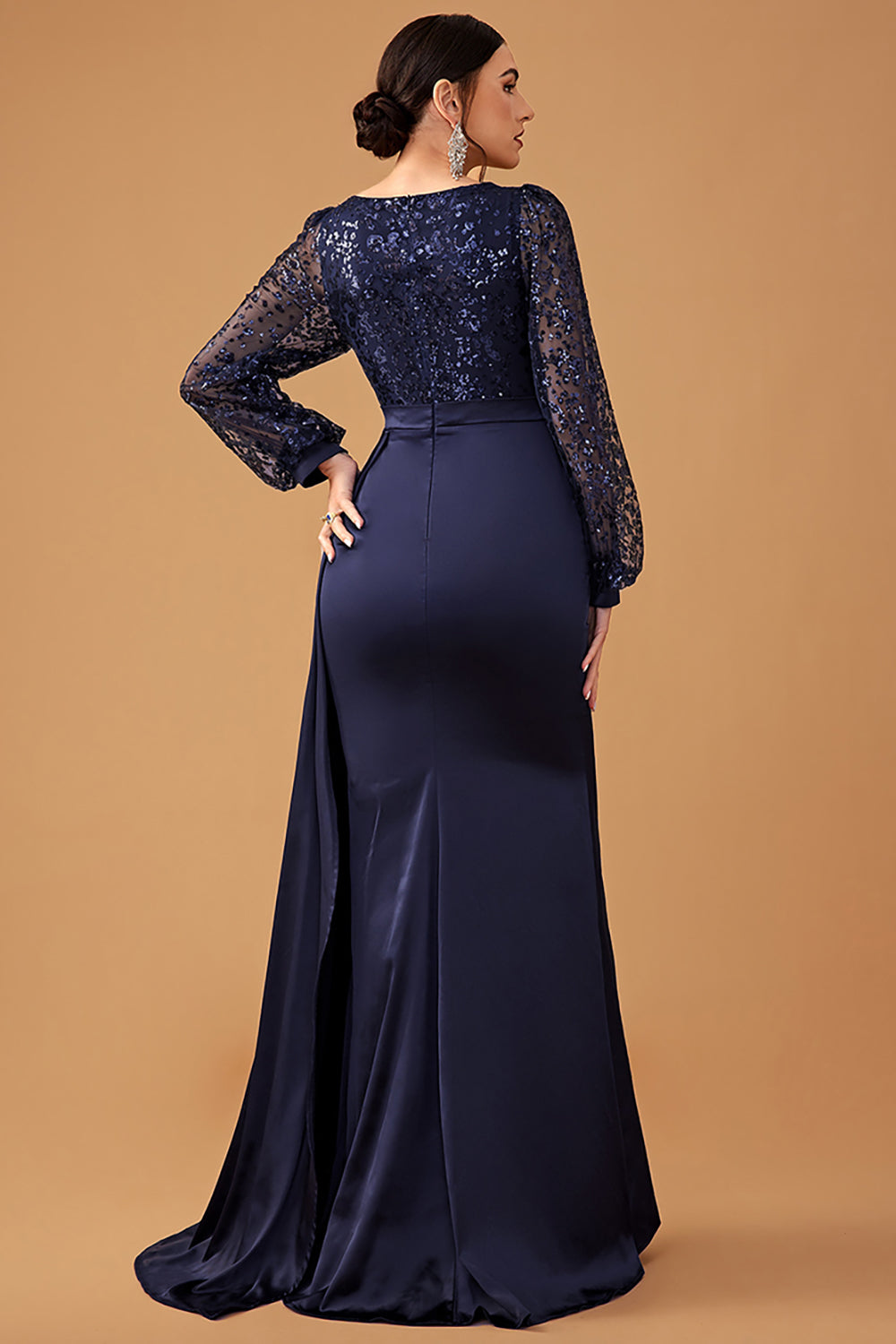 Navy V Neck Mermaid Long Sleeves Prom Dress