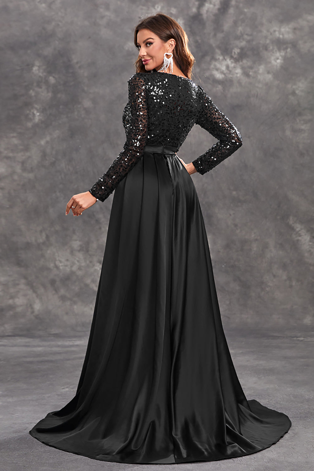 Glitter Black A Line Round Neck Prom Dress with Sequins