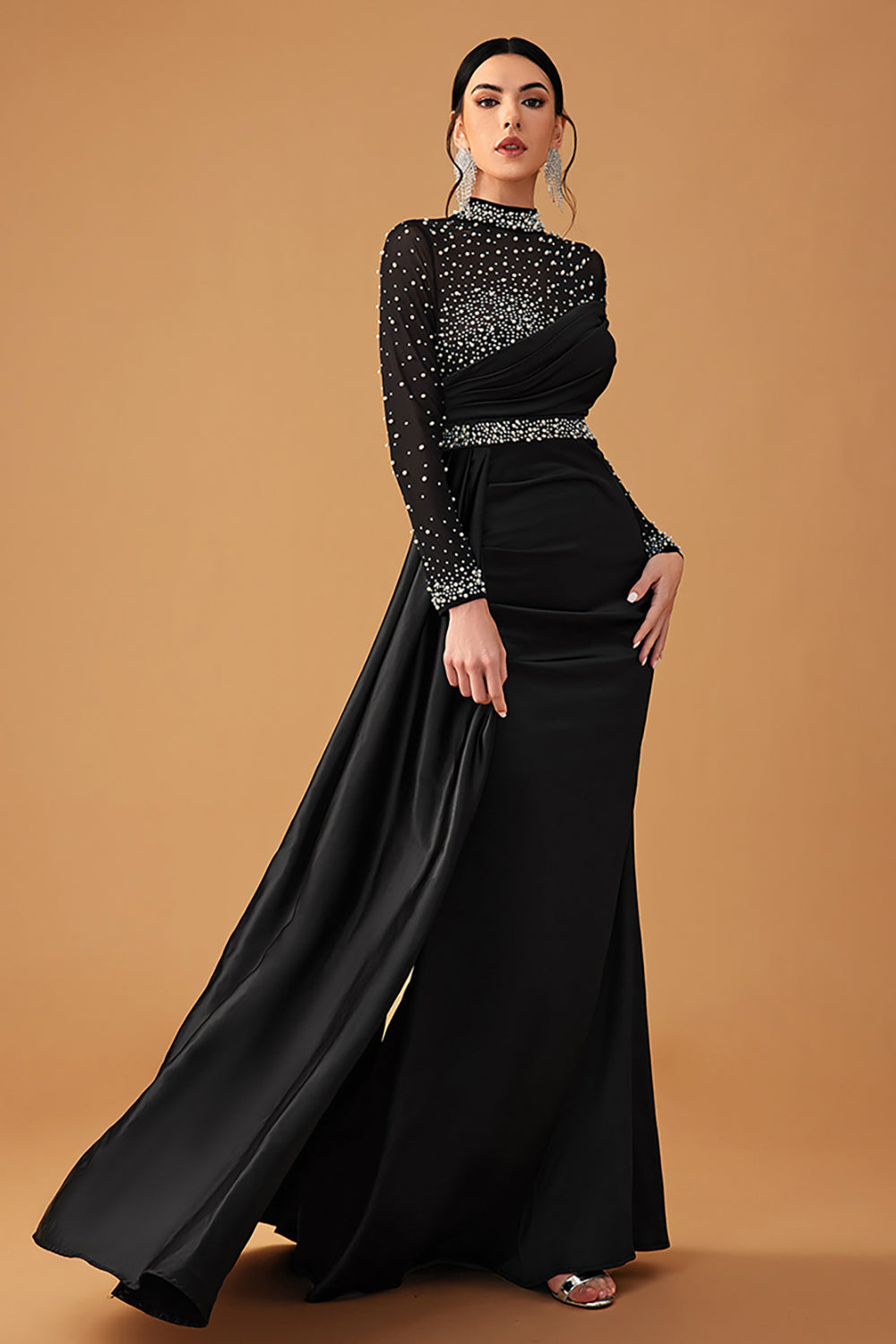 Black Sparkly A Line Halter Long Prom Dress with Beading