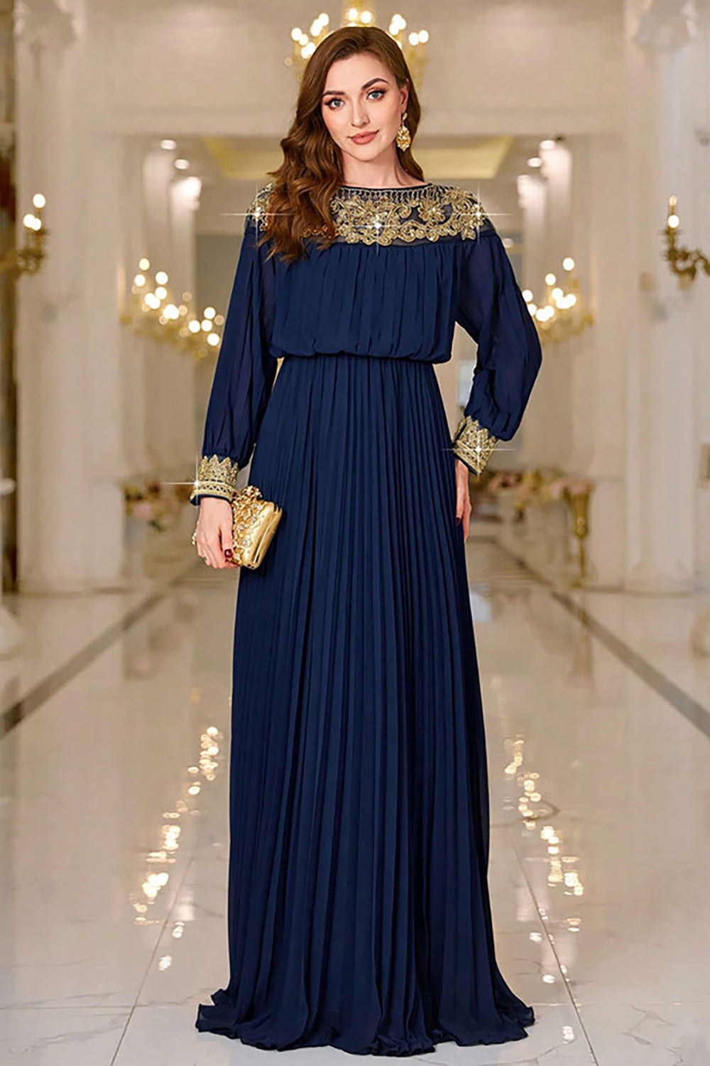 Navy Pleated A Line Boat Neck Long Prom Dress