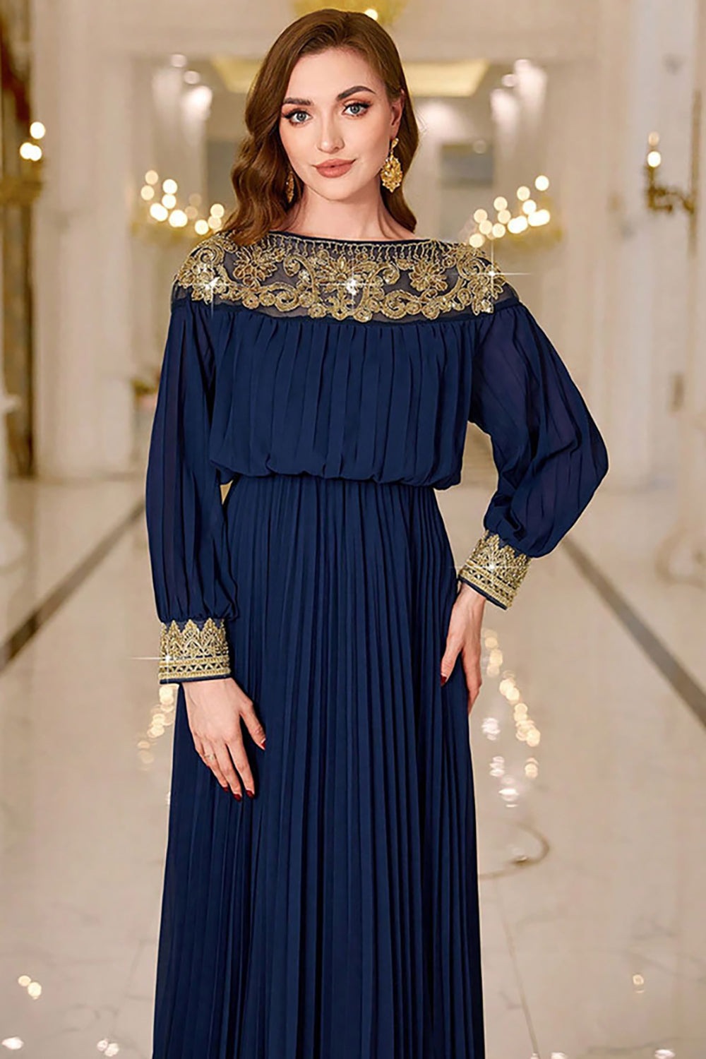 Navy Pleated A Line Boat Neck Long Prom Dress