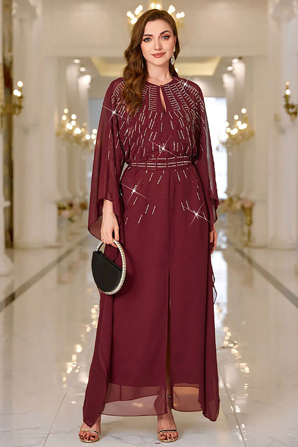 Sparkly Burgundy A Line Round Neck Long Sleeves Prom Dress