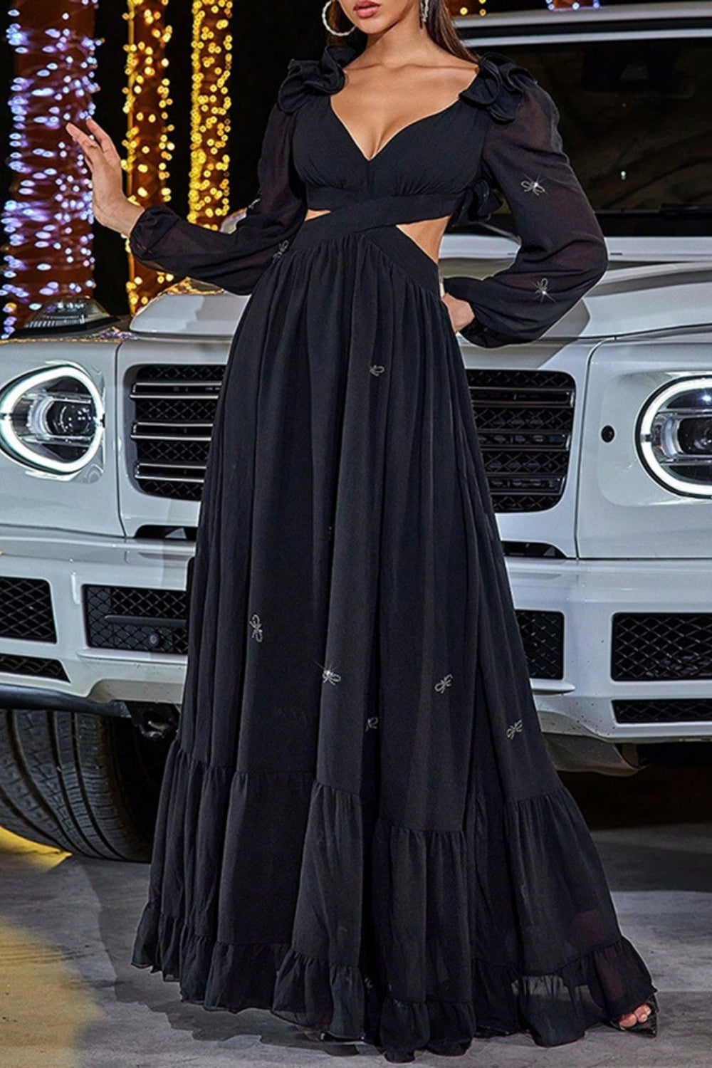 Black A-line Formal Dress with Long Sleeves