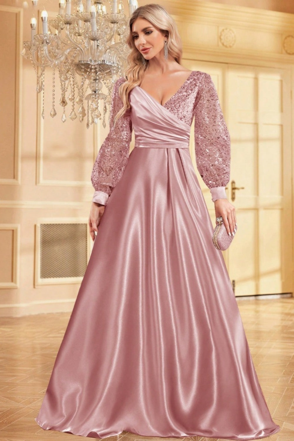 Sparkly Blush A-Line Wrap Seqin Long Sleeves Satin Long Formal Dress