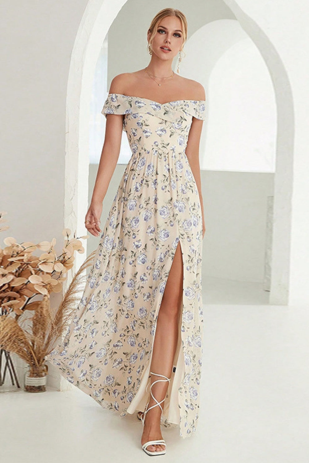 Apricot A-Line Off the Shoulder Floral Long Prom Dress with Slit