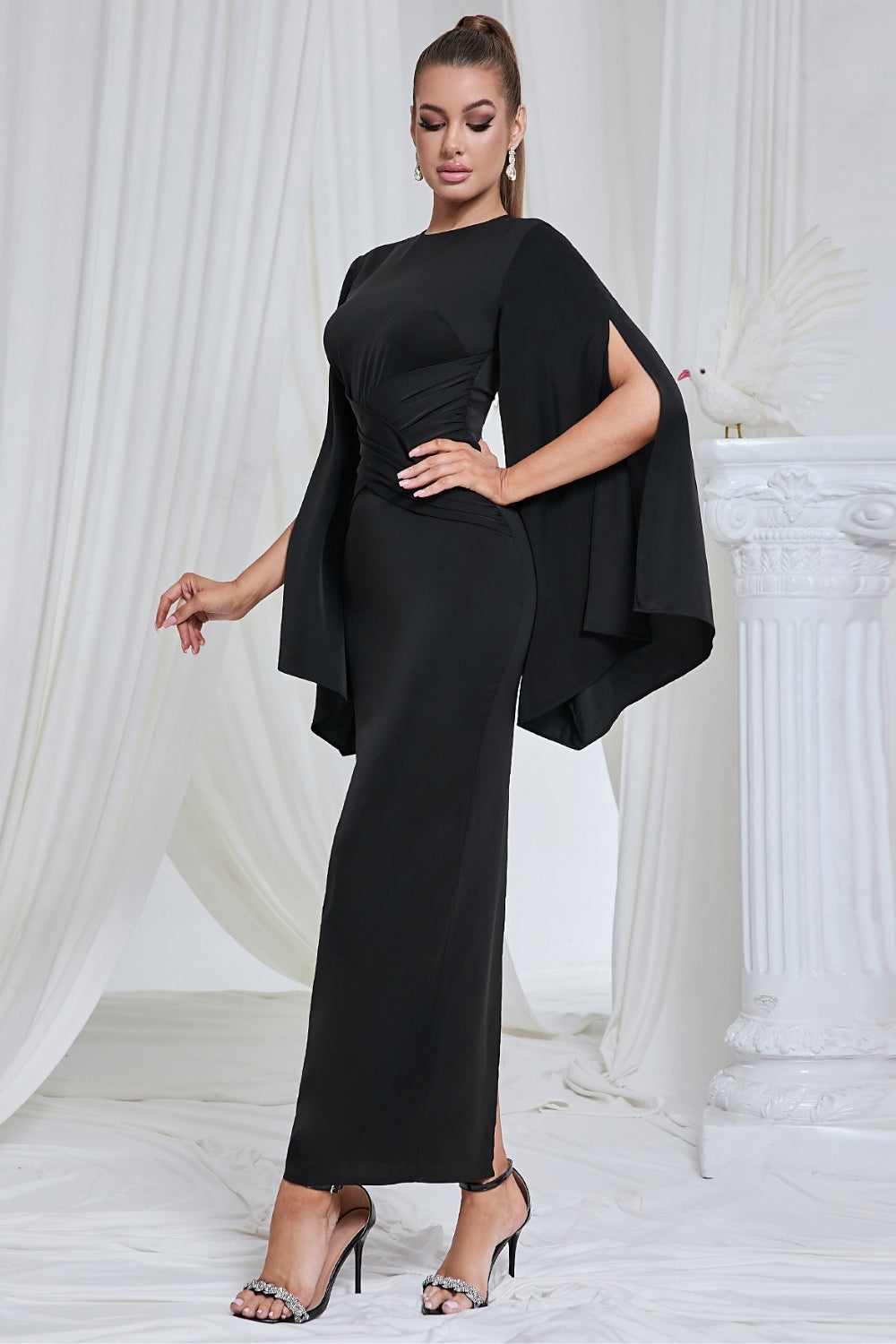 Black Mermaid Long Sleeves Ruched Long Prom Dress with Slit