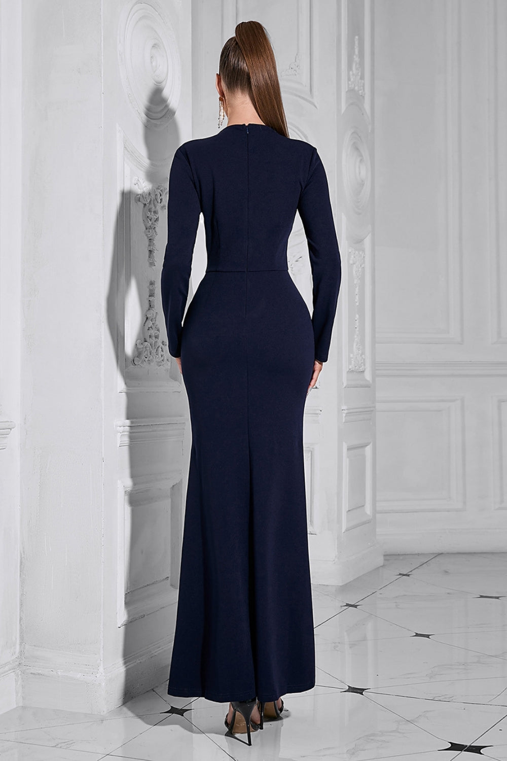 Navy Mermaid Long Sleeves Hollow Out Long Prom Dress with Slit