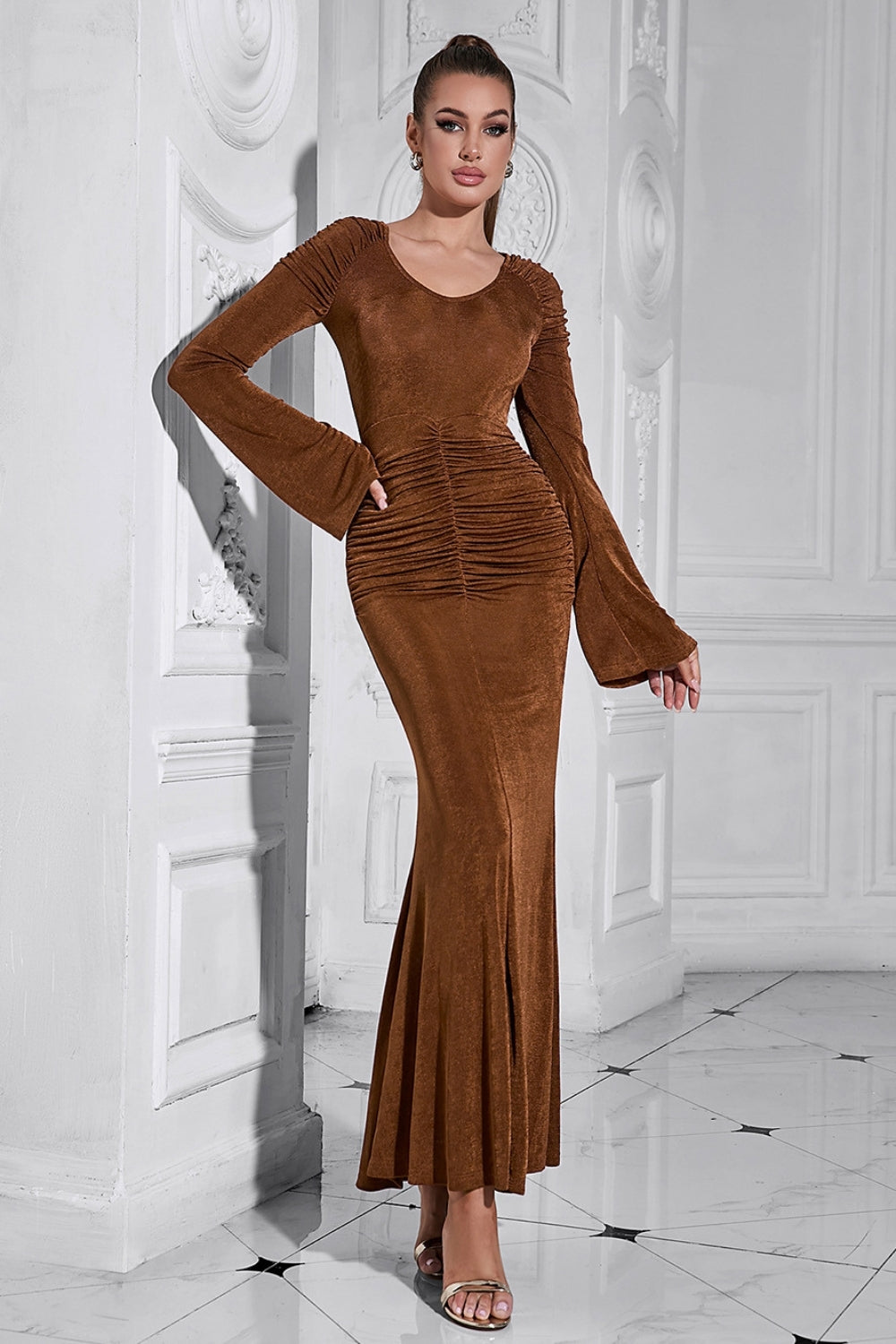 Brown Mermaid Long Sleeves Ruched Round Neck Long Prom Dress