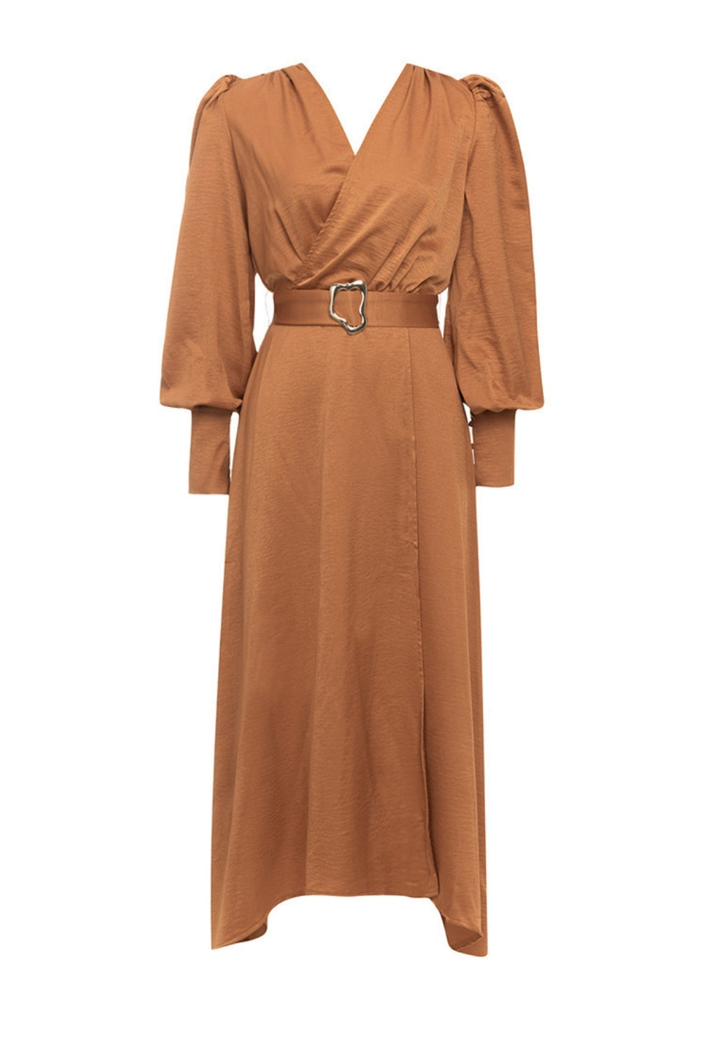 Camel A-Line Wrap V Neck Long Sleeves Long Prom Dress with Belt