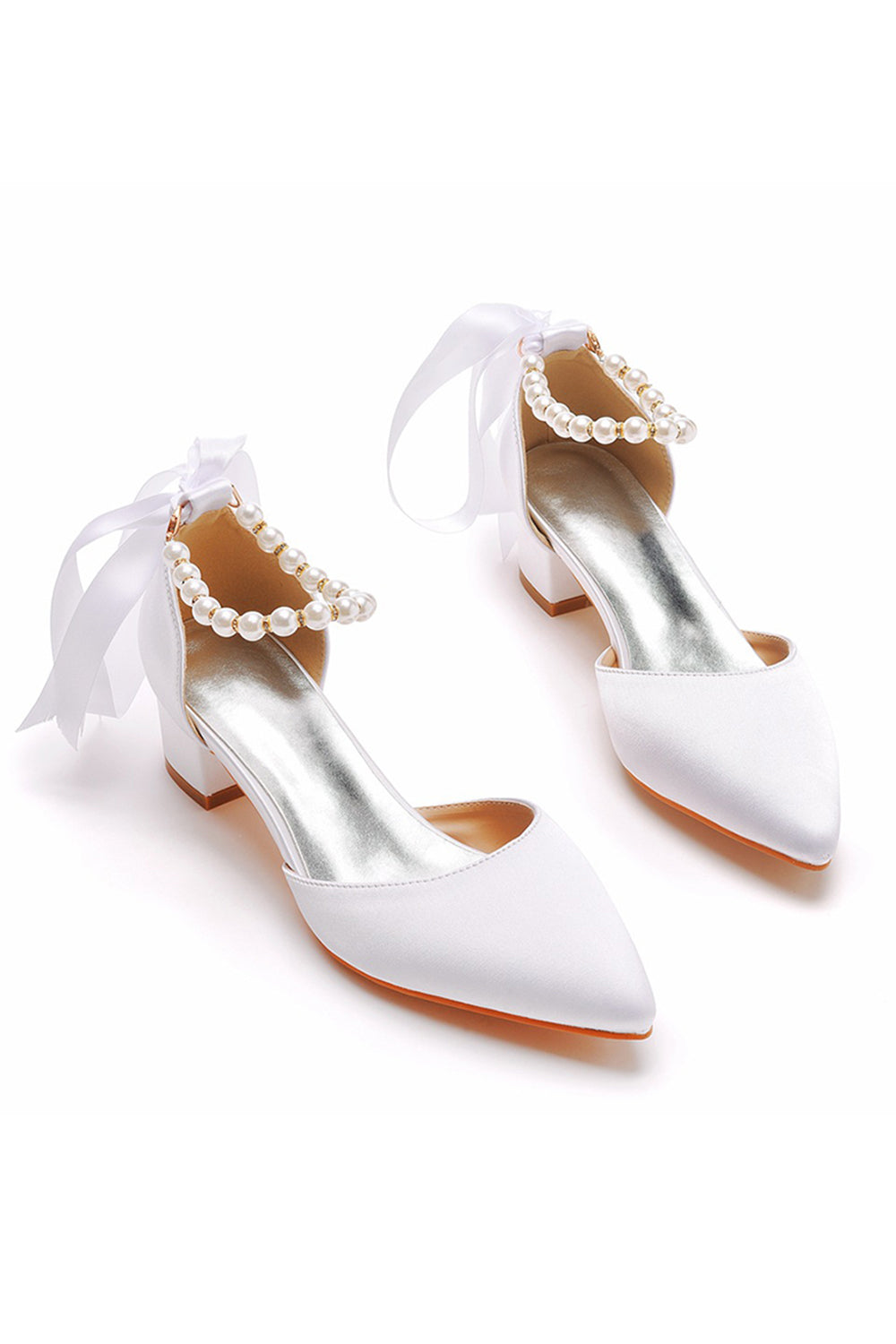 Ivory Bridal Shoes Pearl Lace Up Wedding Heels Elegant Point Toe Wedding Party Shoes