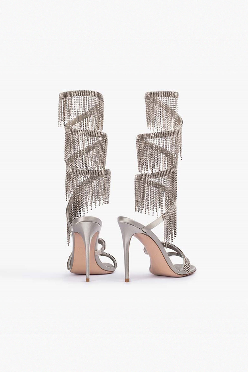 Sparkly Silver Beading Strappy Tassels Open Toe High Heels