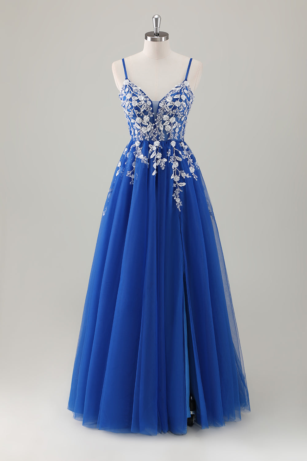 Royal Blue Ball-Gown Long Appliqued Prom Dress with Slit