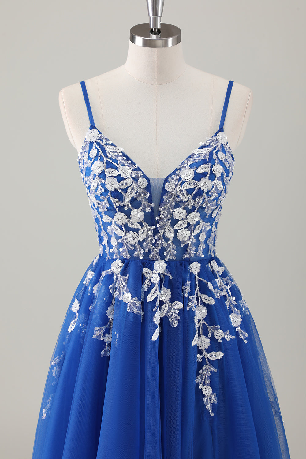 Royal Blue Ball-Gown Long Appliqued Prom Dress with Slit