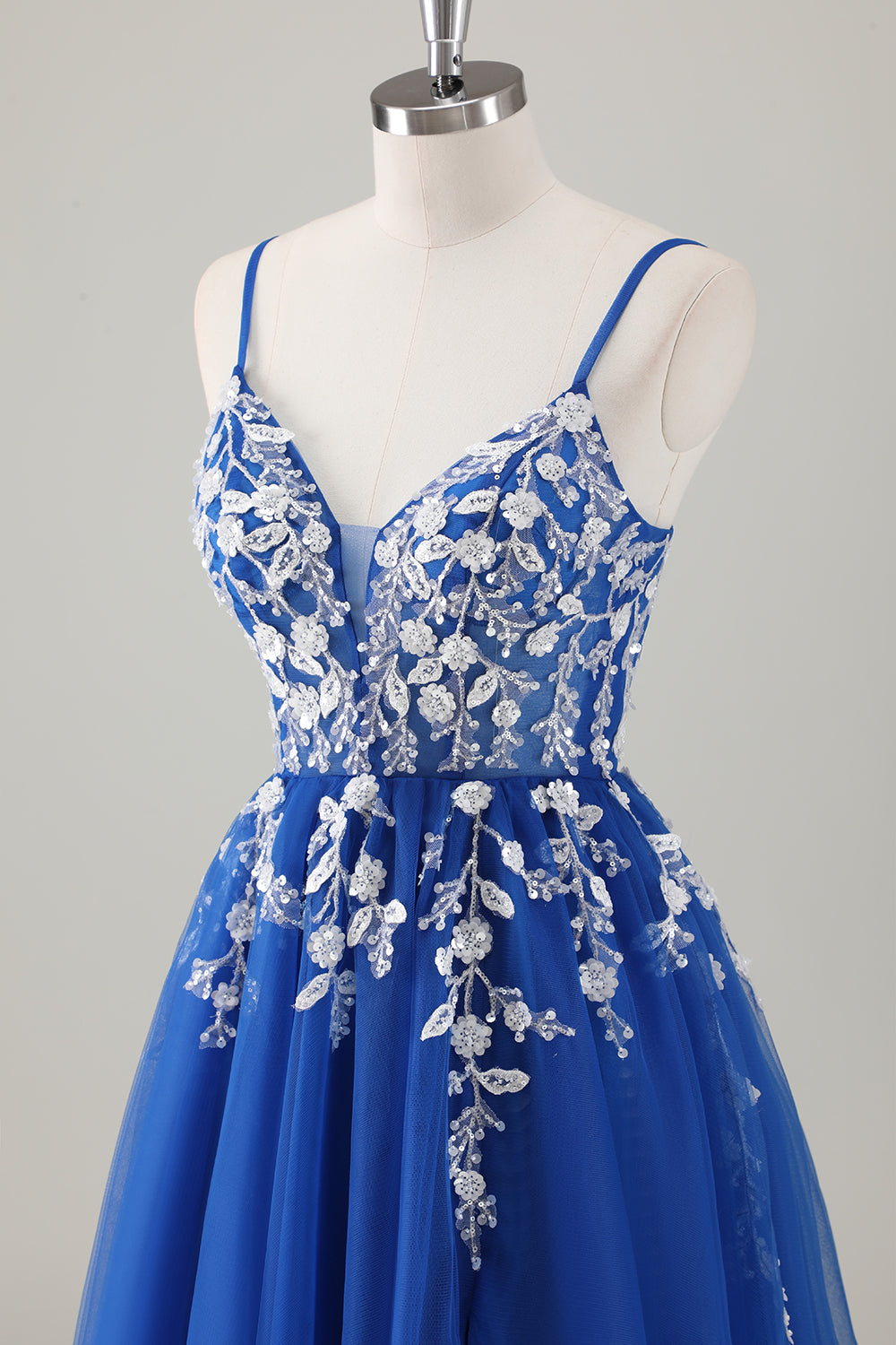 Royal Blue Ball-Gown Long Appliqued Prom Dress with Slit