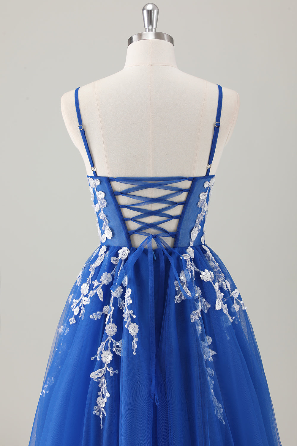 Royal Blue Ball-Gown Long Appliqued Prom Dress with Slit