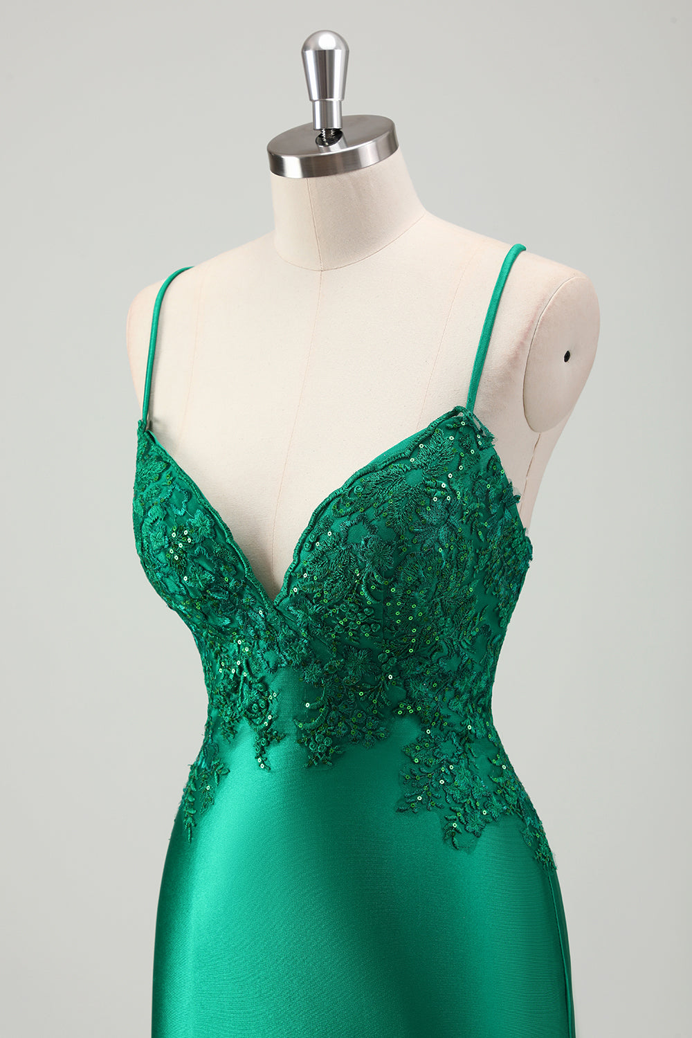 Sparkly Green Mermaid Spaghetti Straps Satin Long Prom Dress with Appliques