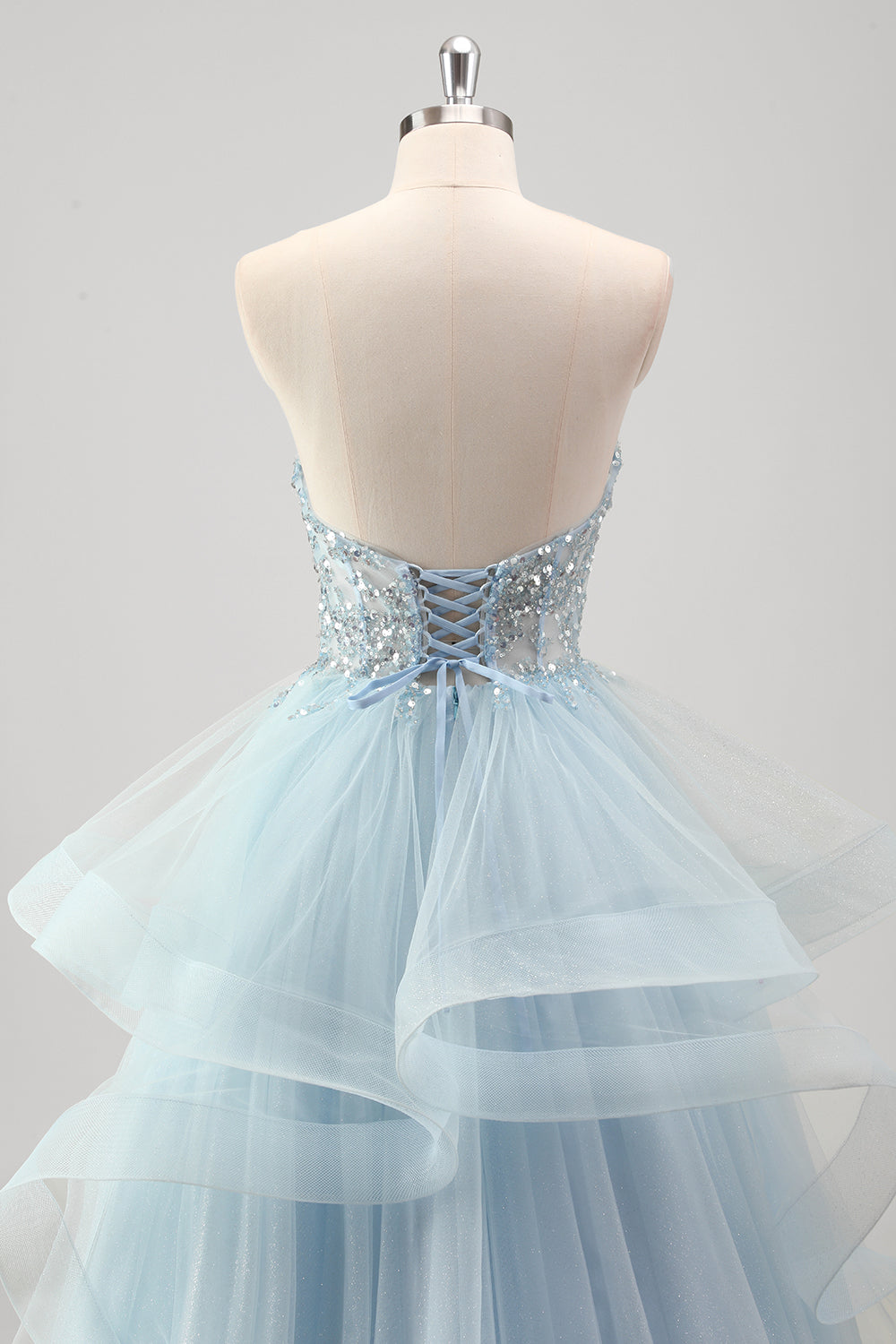 Blue Strapless Sparkly Sequins Tulle A Line Pleated Prom Dress