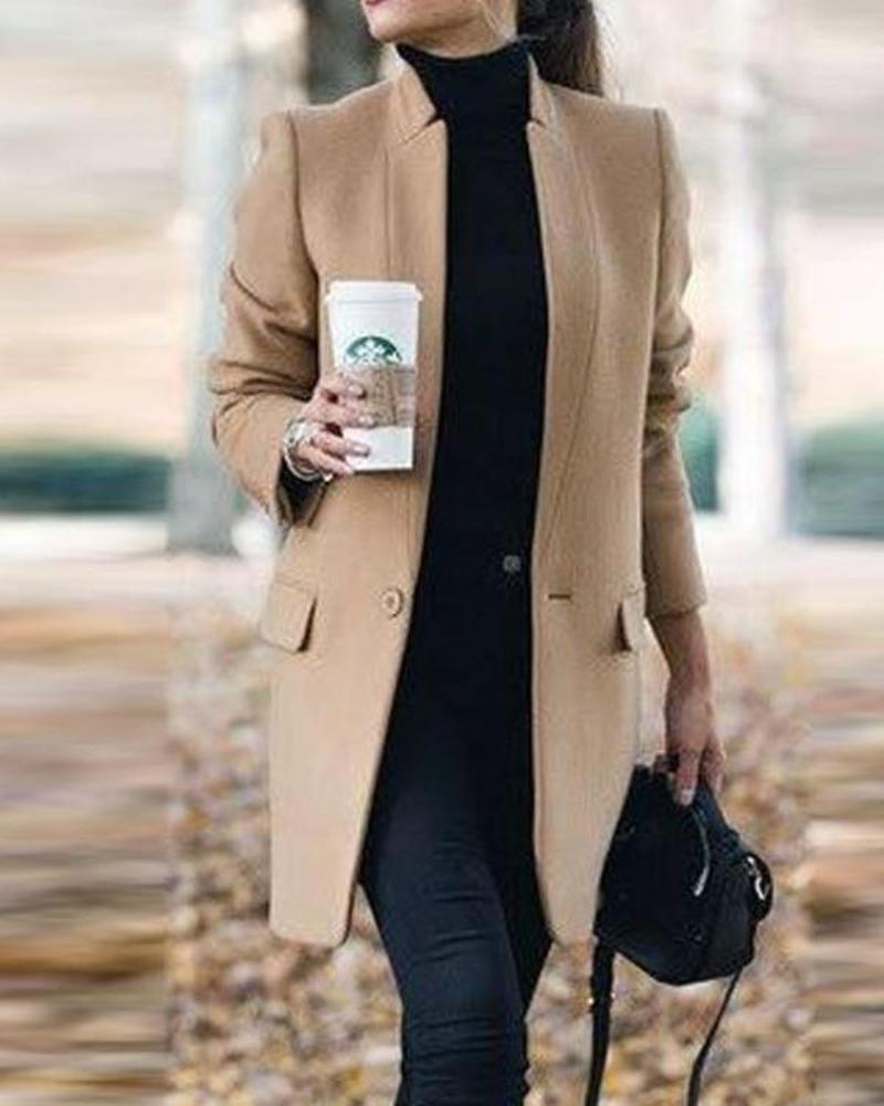 Solid Color Stand-Up Collar Pocket Coat