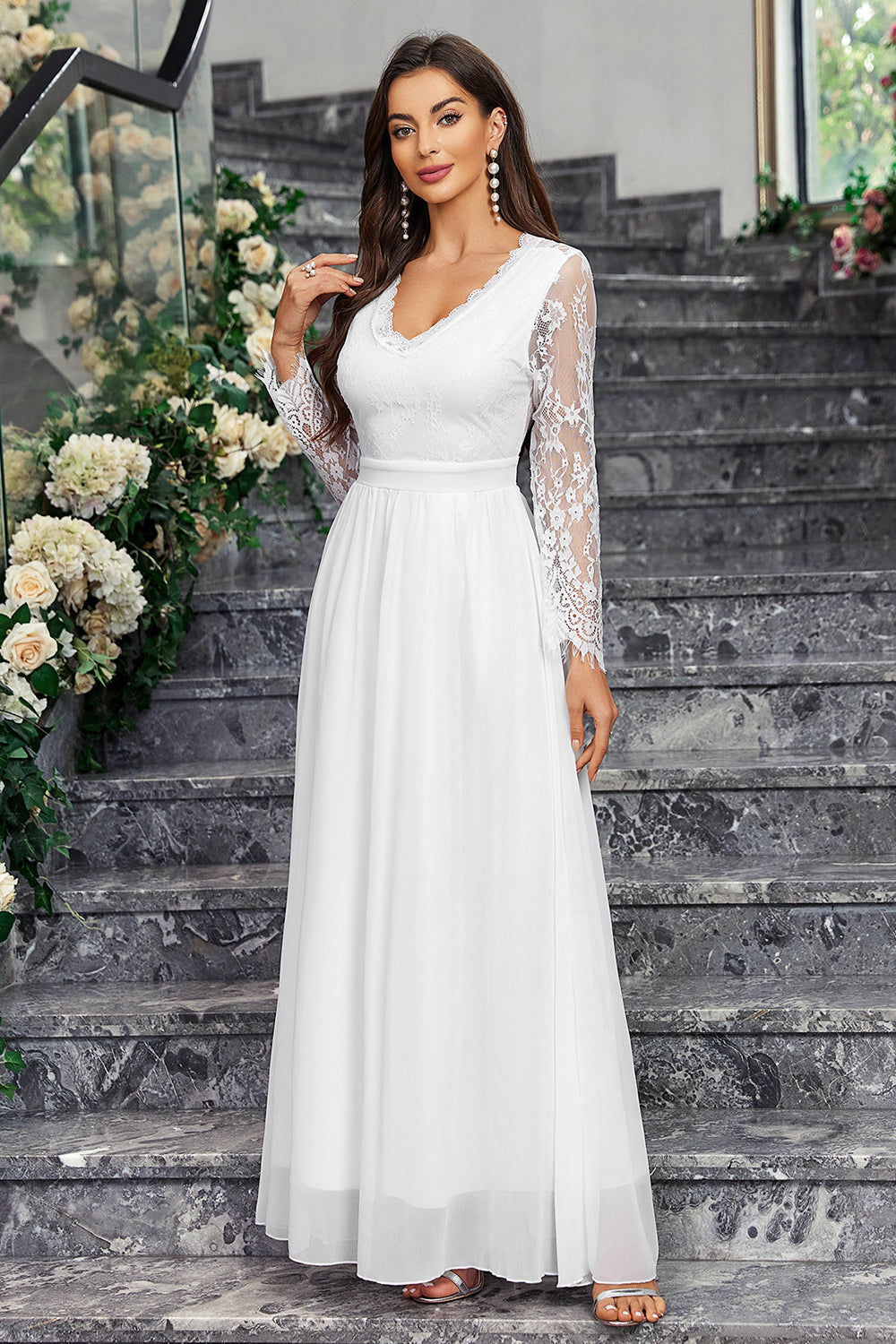 A-Line Long Sleeves V Neck Long White Dress