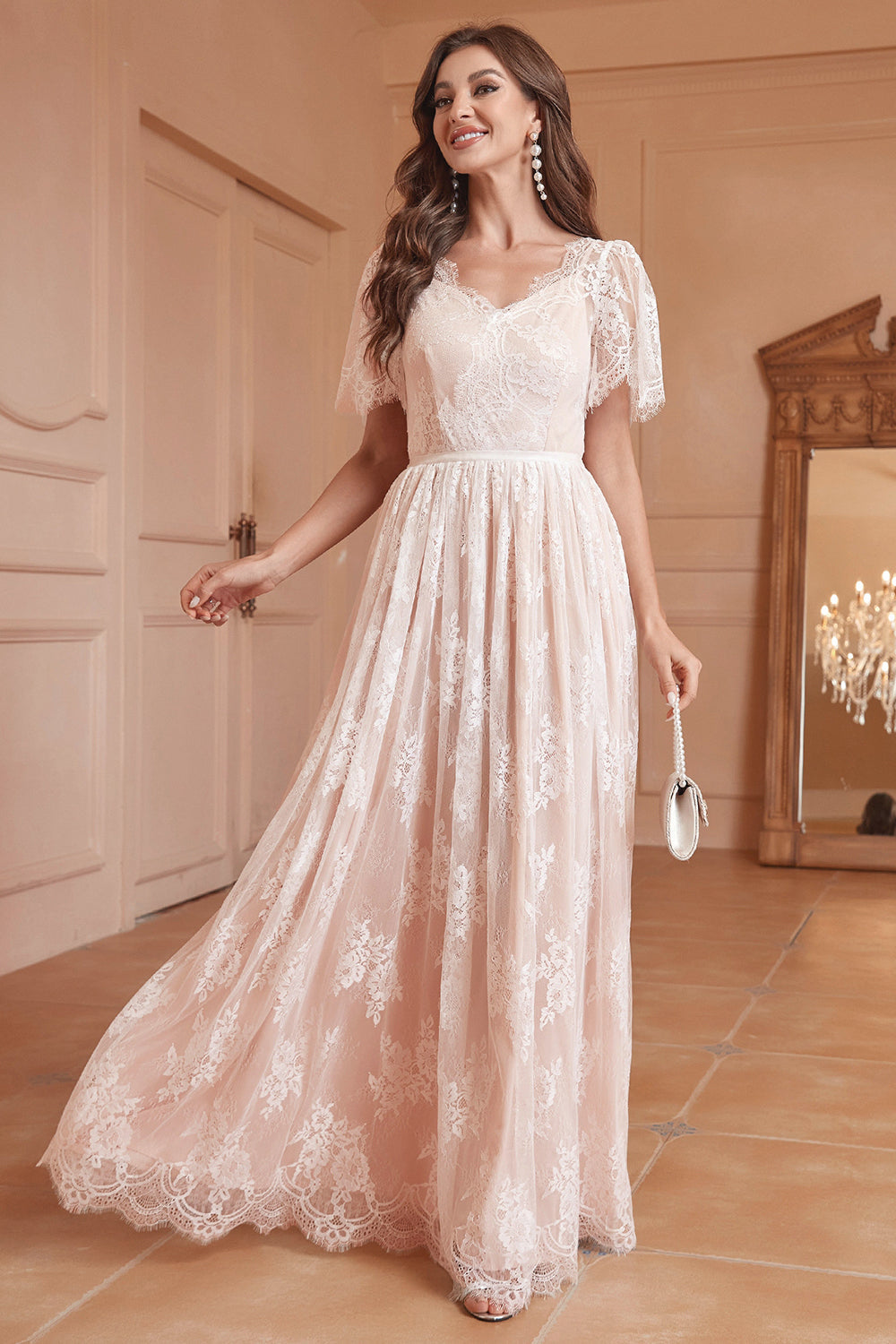 White A-Line Short Sleeves Lace Long Party Dress