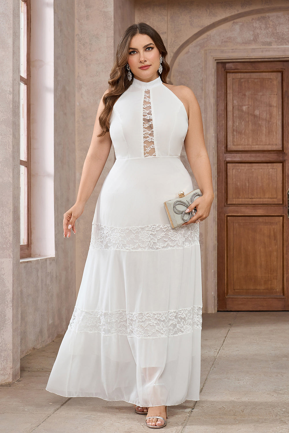 White A-Line Halter Lace Long Party Dress