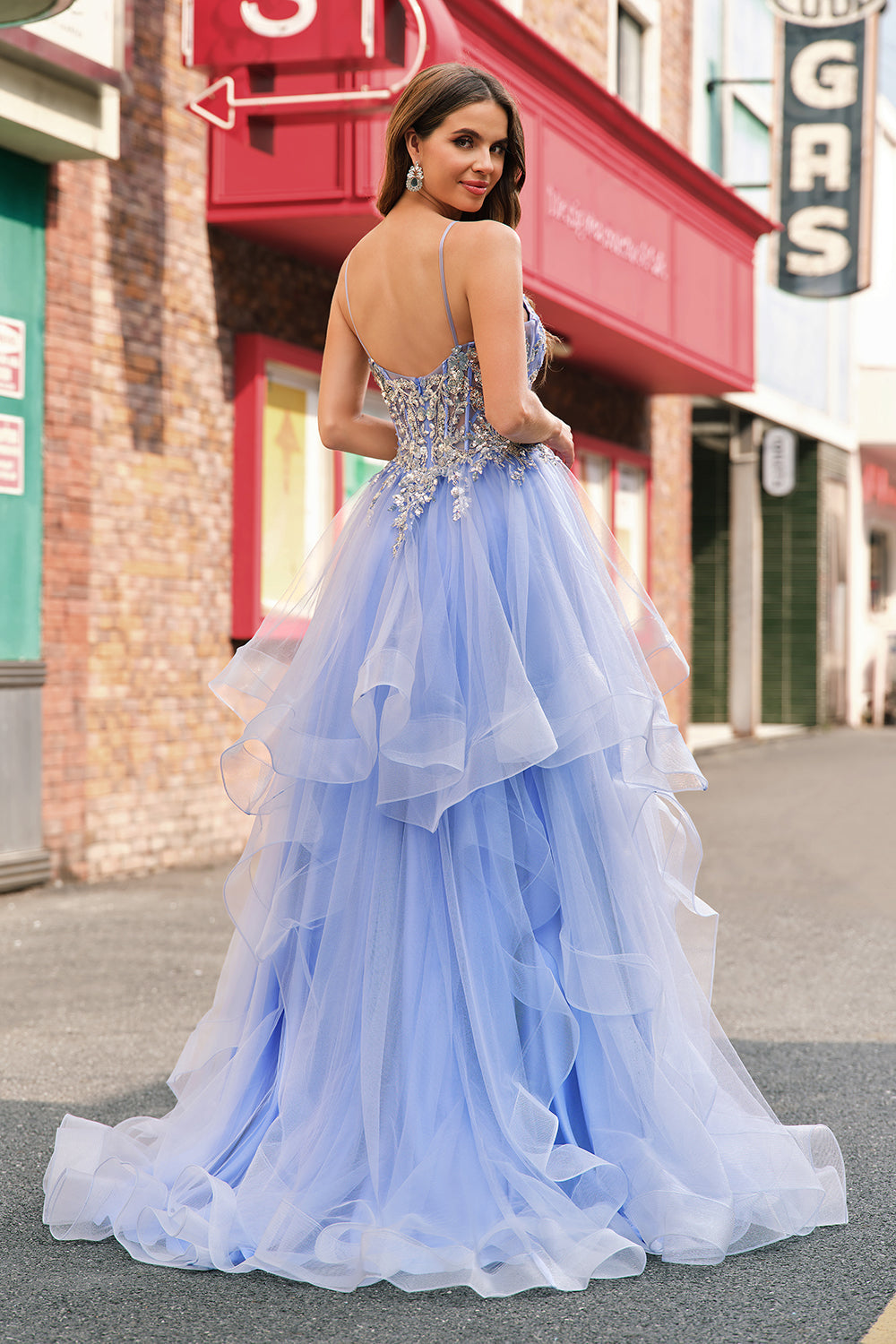 Sparkly Sequins Light Blue A Line Spaghetti Straps Long Prom Dress with Spiral Ruffles