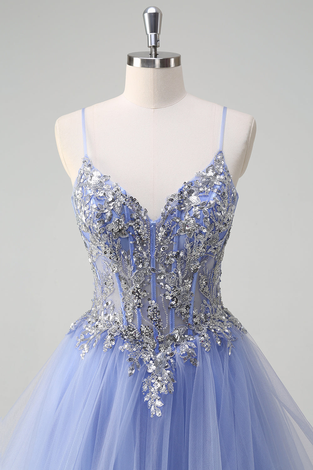 Sparkly Sequins Light Blue A Line Spaghetti Straps Long Prom Dress with Spiral Ruffles