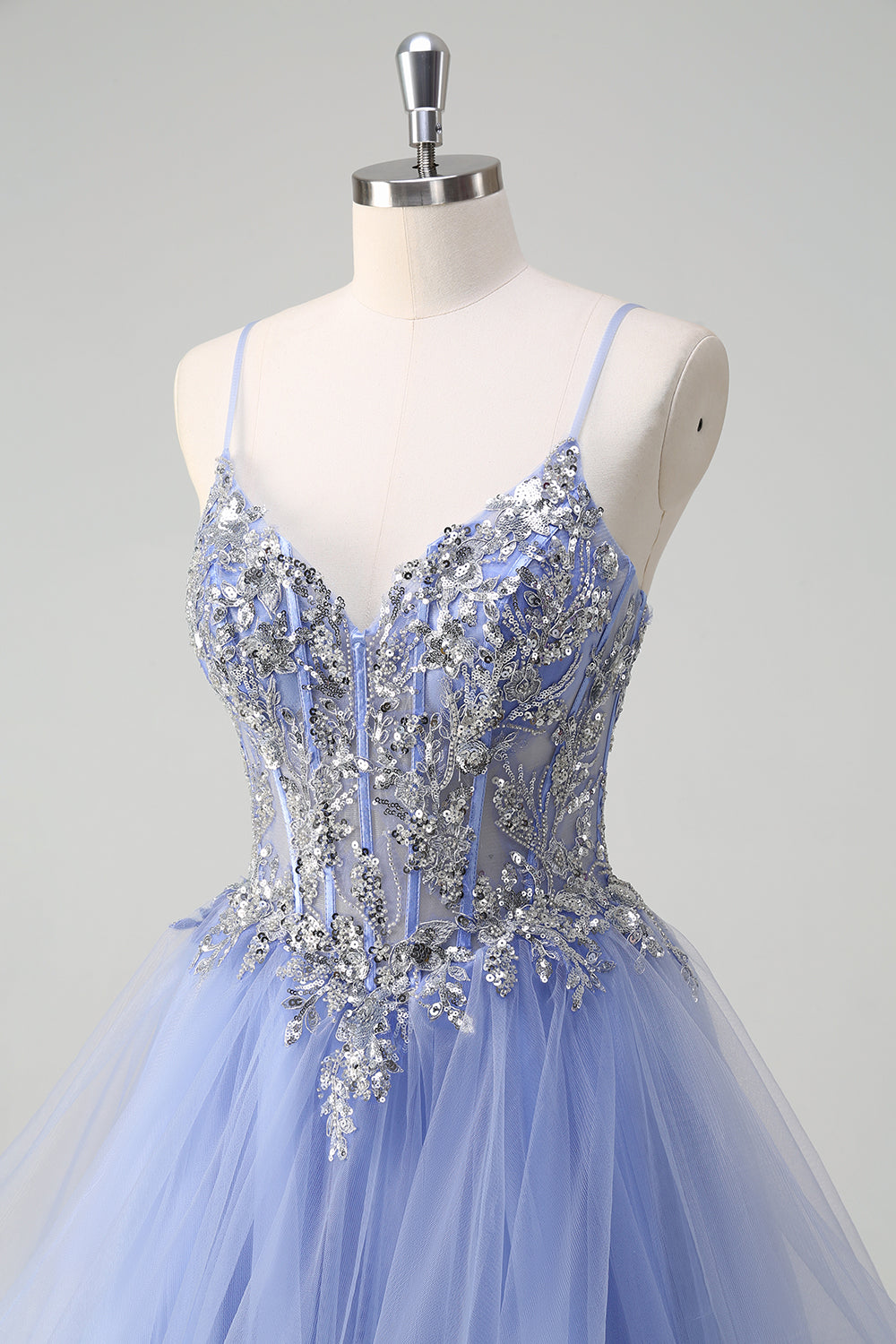 Sparkly Sequins Light Blue A Line Spaghetti Straps Long Prom Dress with Spiral Ruffles