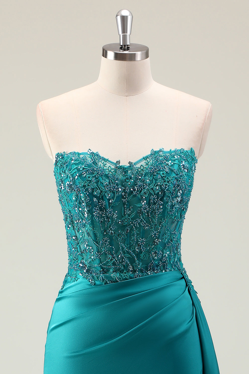 Green Sheath Sweetheart Corset Beaded Long Prom Dress with Appliqued Lace