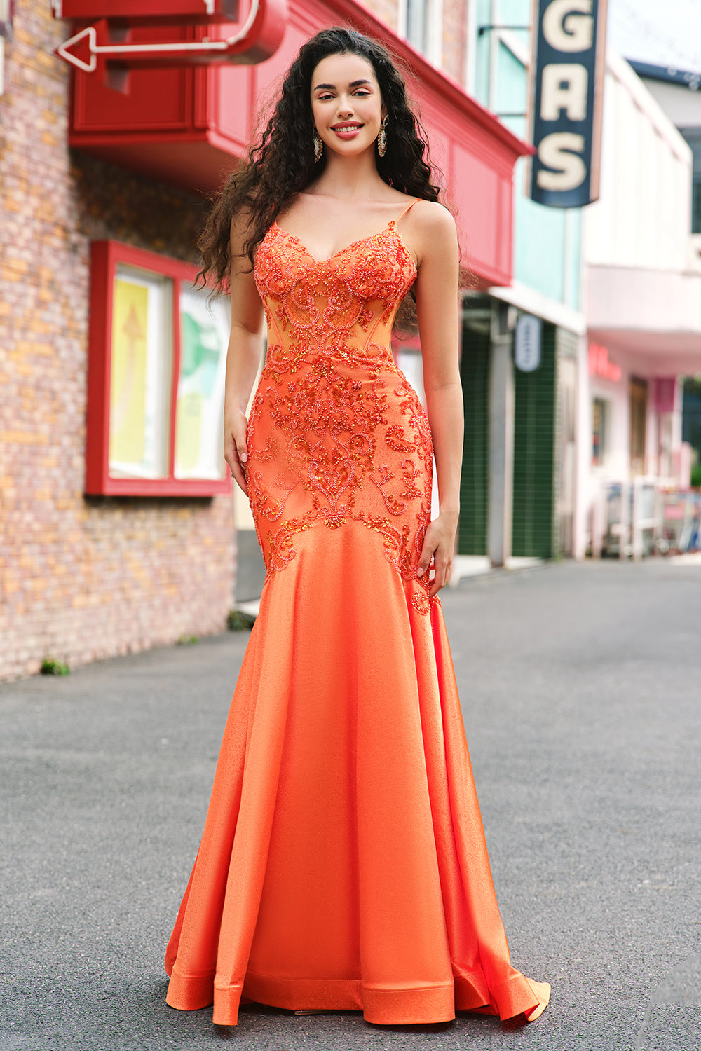 Orange Mermaid Spaghetti Straps Beaded Long Prom Dress