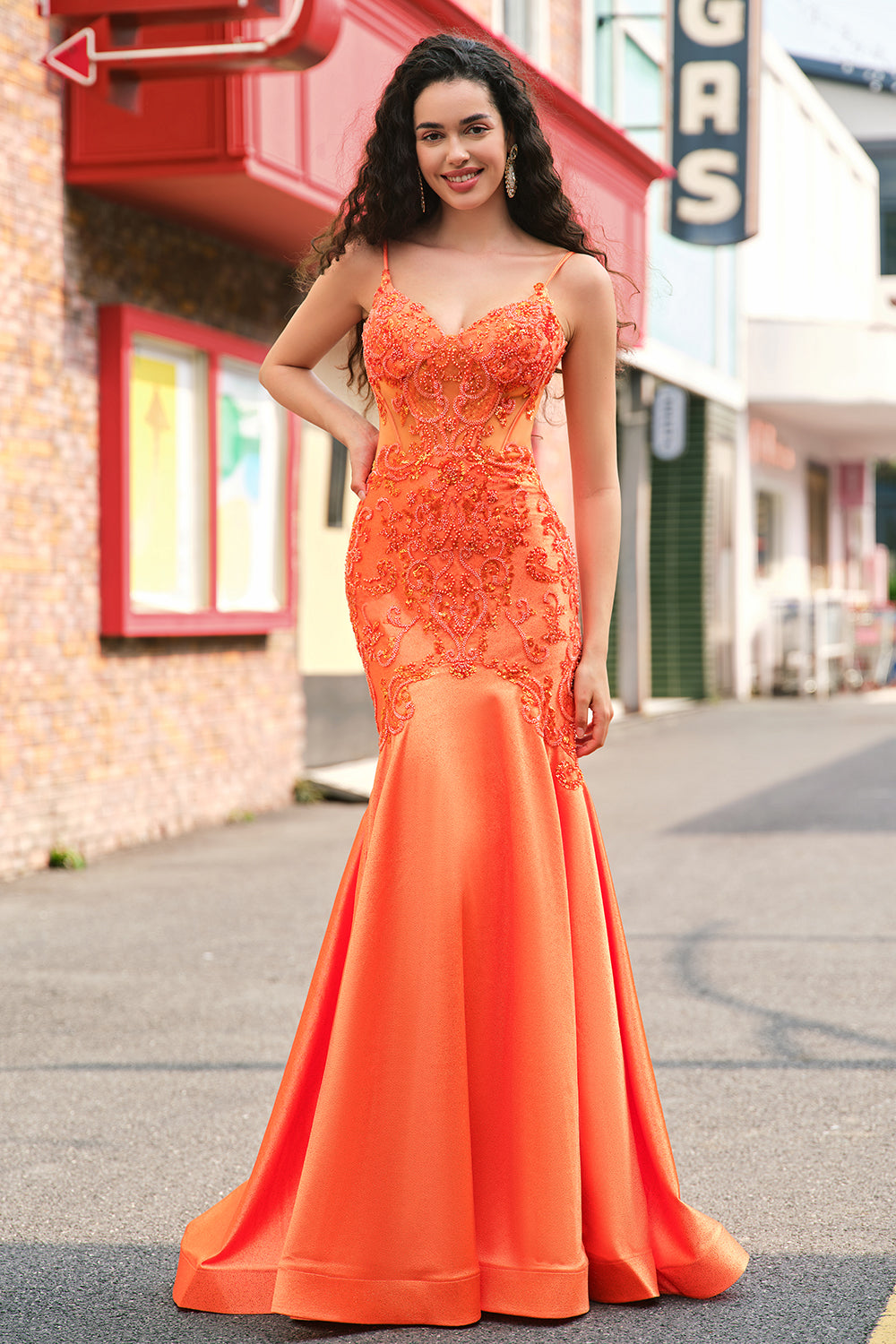 Orange Mermaid Corset Spaghetti Straps Beaded Long Prom Dress