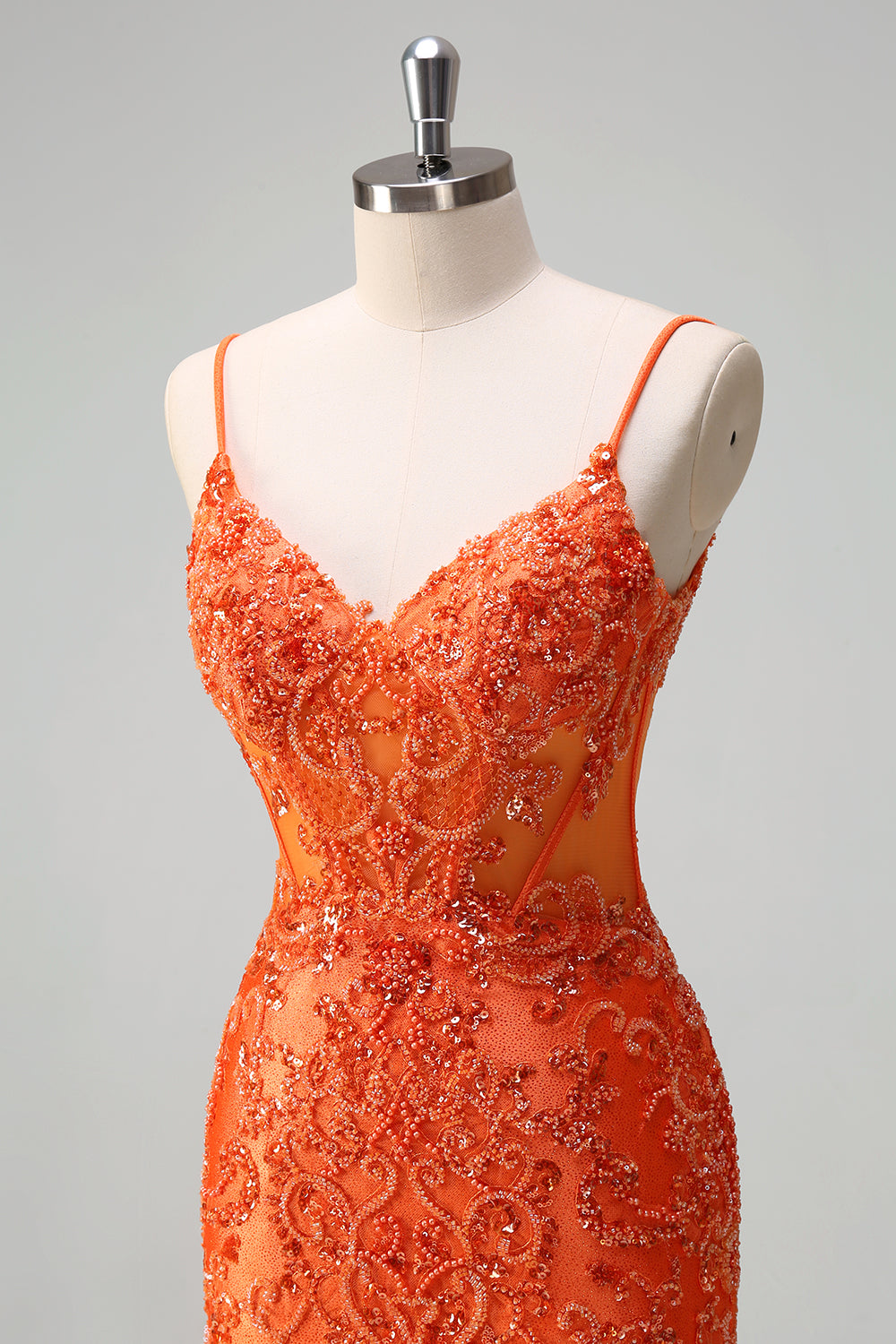 Orange Mermaid Spaghetti Straps Beaded Long Prom Dress