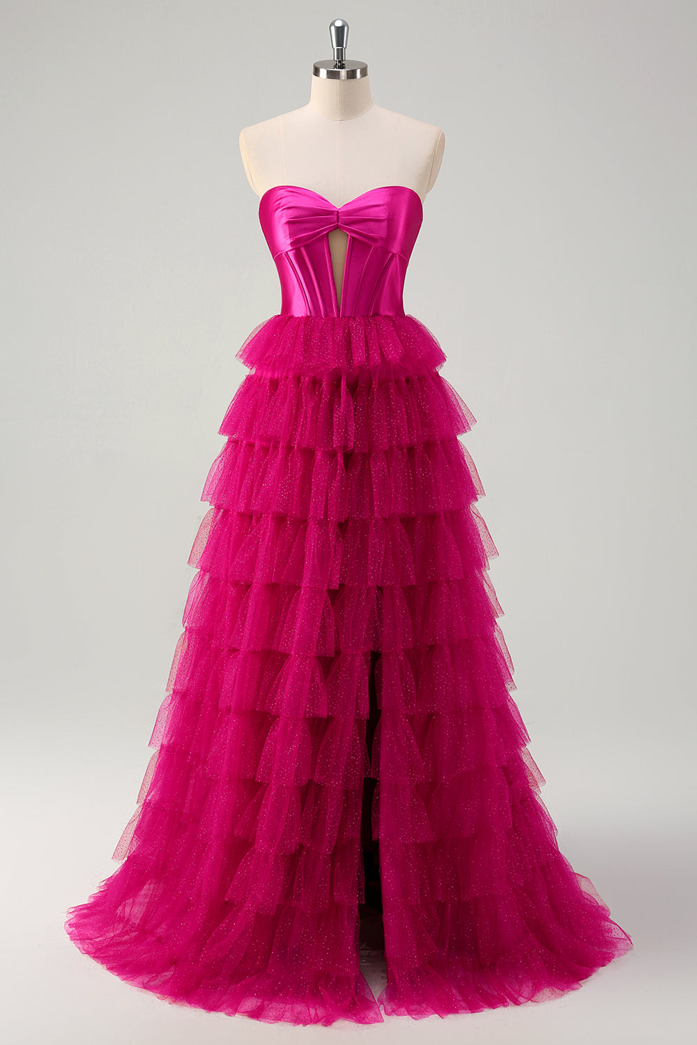 Fuchsia Princess Strapless Cut Out Tiered Tulle Long Prom Dress