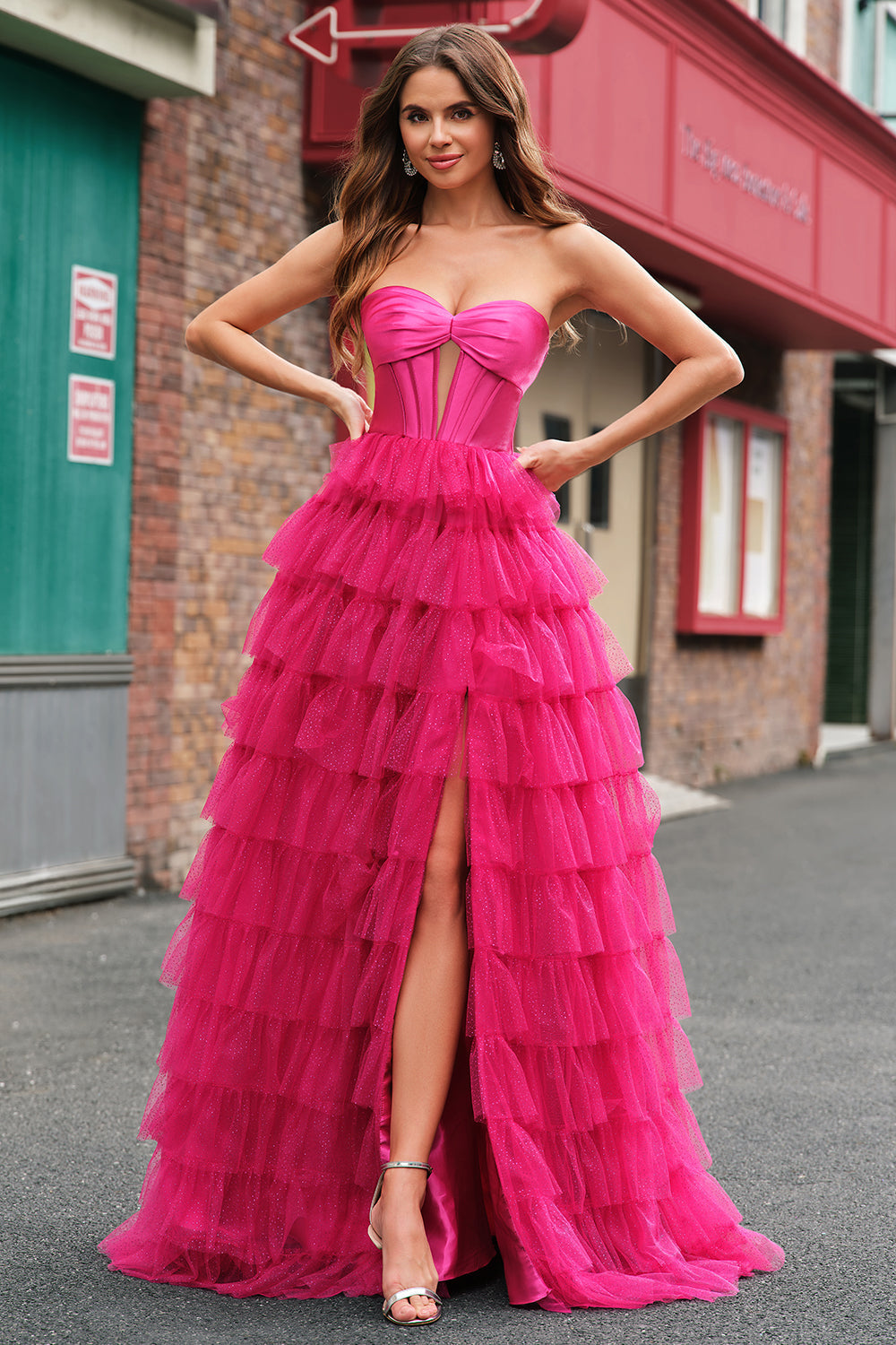 Cute Fuchsia Sweetheart Keyhole Tiered Tulle Long Princess Prom Dresses with Slit