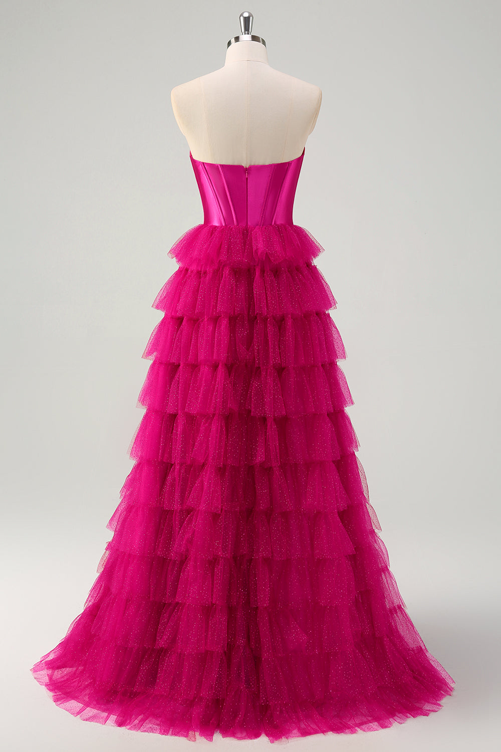 Fuchsia Princess Strapless Cut Out Tiered Tulle Long Prom Dress