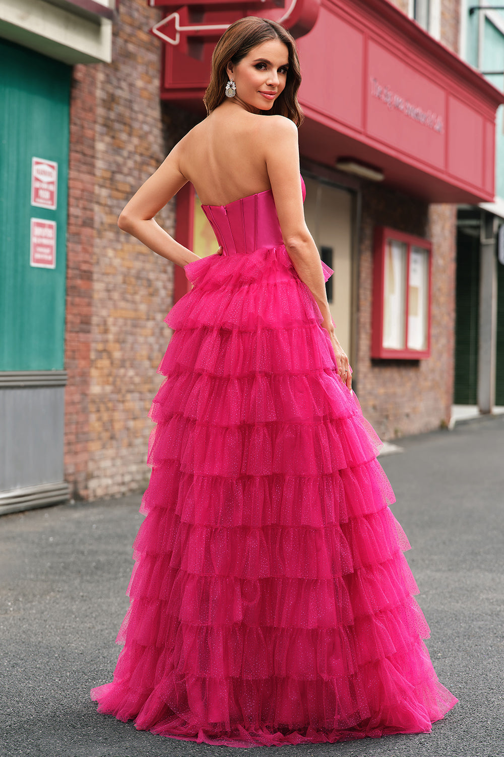 Fuchsia Princess Strapless Cut Out Tiered Tulle Long Prom Dress